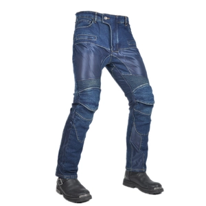 Jean moto bleu foncé avec maille respirante, panneaux extensibles et protections