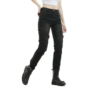 Women's black motorcycle jeans with elastic knee pleats and protective kevlar material