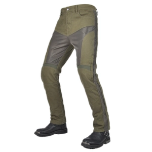 Women's slim fit mesh motorcycle jeans in military green with adjustable knee protection