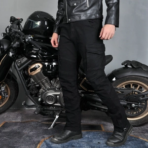 Men's black cargo motorcycle riding pants with knee accordion panels and protective pockets