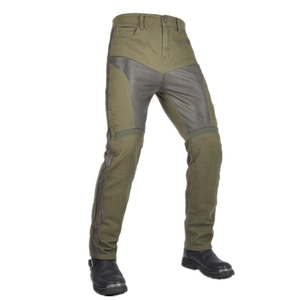 Army green slim-fit motorcycle jeans for women with breathable mesh panels and knee protection