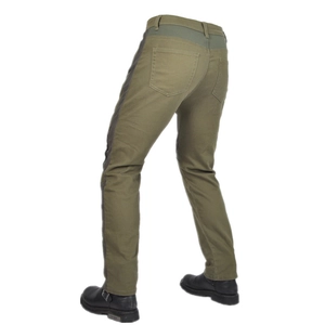 Detail view of military green motorcycle pants with rear pockets and elastic panels