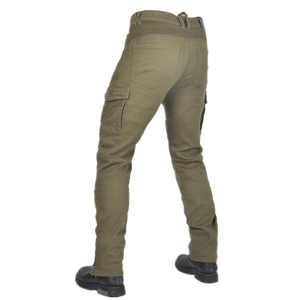 Olive green protective motorcycle cargo pants with stretch panels and knee protection
