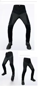 Three-way view of men's mesh motorcycle jeans with knee armor pockets in dark grey color