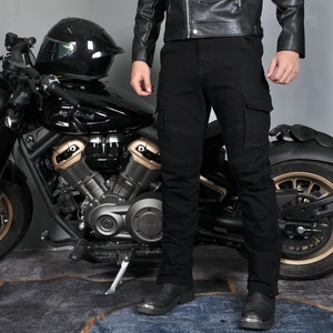 Detail of multi-pocket cargo motorcycle jeans with elastic accordion knee protective panels