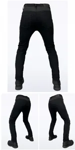Three views of black motorcycle riding jeans with protective pads and slim fit design