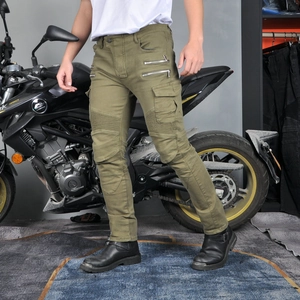 Men's olive green motorcycle riding pants with protective knee armor and cargo pockets
