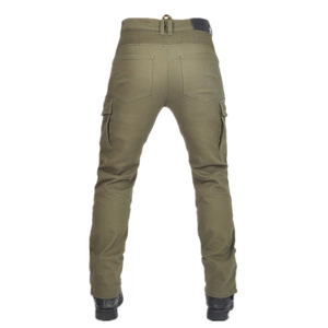 Olive green motorcycle cargo pants for men with stretch accordion panels and side pockets