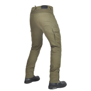 Detail of army green motorcycle pants with rear waist elastic accordion stretch panels