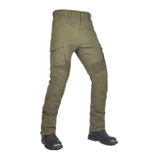 Detail of army green motorcycle pants featuring cargo pockets and stretch knee panels