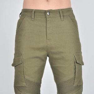 Detail of military green motorcycle cargo pants with pleated knees and large side pockets