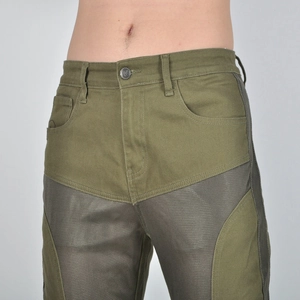 Close-up of military green motorcycle pants with breathable grey mesh panel details