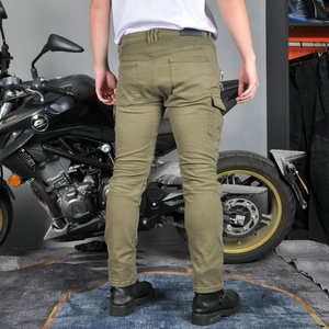 Olive green protective motorcycle cargo pants for men with reinforced knees and slim fit