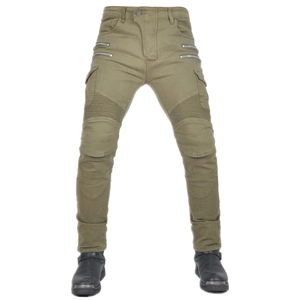 Detail of olive green motorcycle jeans showing accordion stretch panels and metal zippers