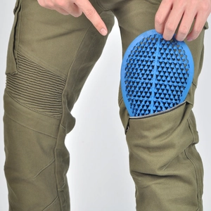 Olive green tactical motorcycle pants with honeycomb knee pads and flexible pleats