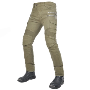Army green motorcycle riding jeans with protective knee pleats and tactical zip pockets