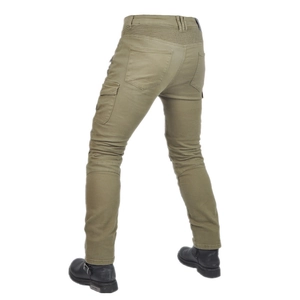 Army green motorcycle riding jeans with protective gear and back accordion stretch panels