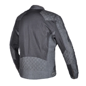 Detail view of the breathable mesh back and quilted padding on the motorcycle jacket