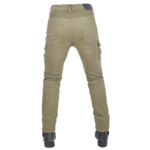 Detail view of khaki motorcycle jeans featuring accordion stretch panels and cargo pockets