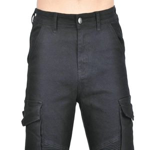 Detail of black motorcycle cargo pants with 3D pockets and tactical knee pleats