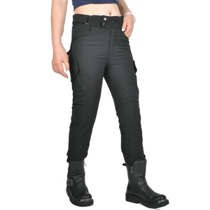 Detail view of high-waist summer motorcycle pants with ventilation holes and cargo pockets