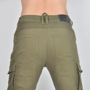 Detail view of military green motorcycle cargo pants featuring rear waist stretch panels