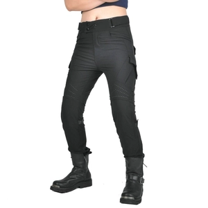 Detail of motorcycle pants featuring protective silicone pads and breathable mesh fabric
