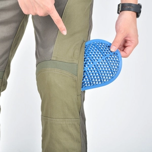 Army green motorcycle jeans with breathable mesh panels and protective knee pad inserts