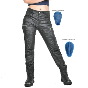 Detail of high waist motorcycle pants with detachable blue honeycomb protective pads