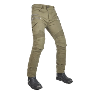 Detail of motorcycle cargo pants showing zipper pockets and accordion knee panels