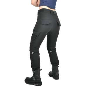 Detail view of motorcycle pants featuring tactical cargo pockets and knee strap adjustments