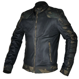 Close-up of mesh motorcycle jacket featuring breathable panels and camouflage quilted shoulders