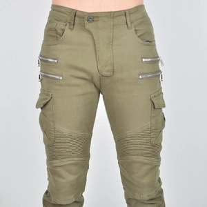 Detail of army green motorcycle pants with zip accents and reinforced pleats