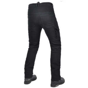 Men's black motorcycle cargo pants with stretch panels and tactical side pockets