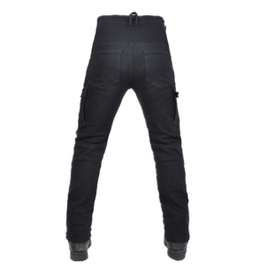 Detail of black motorcycle cargo pants with elastic accordion waist and large side pockets