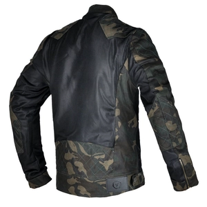 Back view of mesh motorcycle jacket featuring camo panels and breathable fabric