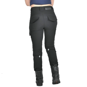 Back view of black motorcycle riding pants with leather logo patch and knee strap detail