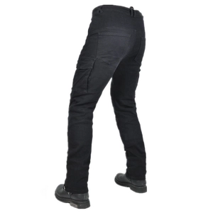 Detail of accordion stretch panels and cargo pockets on black motorcycle riding pants