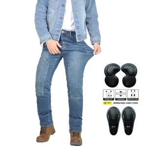 Detail of motorcycle jeans featuring stretch panels and CE certified removable knee pads