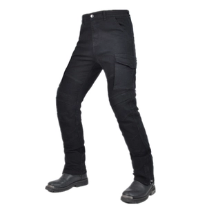 Detail of black motorcycle cargo pants with knee accordion stretch panels and side pockets