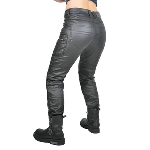 Vue arrière du pantalon de moto enduit noir avec fermetures éclair latérales de protection