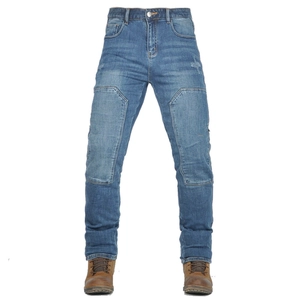 Detail of motorcycle jeans with knee protective patches and casual straight leg fit