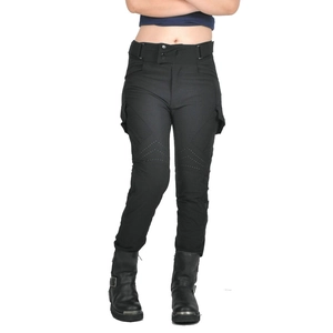 Detail of high-waisted summer motorcycle pants with ventilation holes and cargo pockets