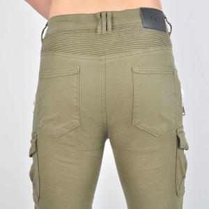 Detailed back view of army green motorcycle cargo pants with pleated knee panels