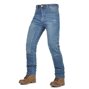 Detail of blue motorcycling jeans with protective knee patches and reinforced stitching