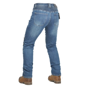 Detail of accordion stretch panels on waist of vintage navy blue motorcycle riding jeans
