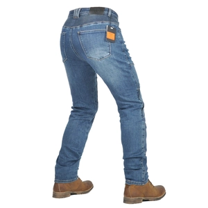 Detail view of motorcycle jeans with elastic waist pleats and protective orange tag
