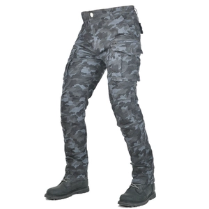 Detail view of grey camo motorcycle riding pants with reinforced knees and side cargo pockets