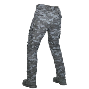 Detailed side view of motorcycle cargo pants with urban camouflage and large utility pockets
