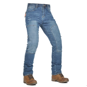Detail of blue protective motorcycle jeans with reinforced knee pads and side pockets